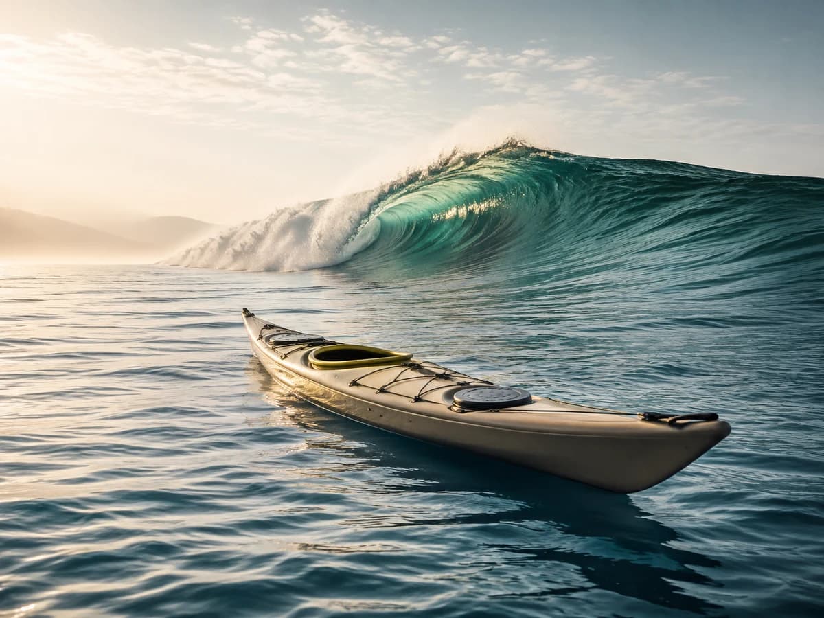 RoxanneJoiner touring kayak beside a curling ocean wave